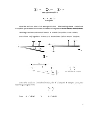 Este documento se cre€ con la versi€n gratuita de EVALUACI•N de eXpert PDF. Esta marca de agua se eliminar‚ al
comprar la licencia de la versi€n completa de eXpert PDF. Visite www.avanquest.es para obtener m‚s informaci€n

 Fx  0

 Fy  0

M  0

3 ecuaciones de equilibrio

Ax , Ay , TB , TD
4 incógnitas

Es obvia la dificultad para calcular 4 incógnitas con las 3 ecuaciones disponibles. Esta situación
configura lo que en mecánica estructural se conoce como un problema Estáticamente indeterminado.
La única posibilidad de resolverlo es a través de la obtención de una ecuación adicional.
Esta ecuación surge a partir del análisis de las deformaciones como se muestra enseguida:

B D

b
d
Por semejanza de triángulos

Como se ve, la ecuación adicional se obtiene a partir de la semejanza de triángulos y se expresa
según la siguiente proporción:

B D

b
d

Como B = TBL/AE

y

D = TDL/AE

61

 