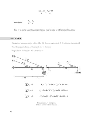 Este documento se cre€ con la versi€n gratuita de EVALUACI•N de eXpert PDF. Esta marca de agua se eliminar‚ al
comprar la licencia de la versi€n completa de eXpert PDF. Visite www.avanquest.es para obtener m‚s informaci€n

TB L / AE TD L / AE

b
d

y por tanto:

TB TD

b
d

Esta es la cuarta ecuación que necesitamos para levantar la indeterminación estática.

PROBLEMA
Calcular las tensiones en los cables BC y DE. Sección transversal: A Módulo de elasticidad: E
Considerar que la barra ABD es rígida (no se flexiona)
Diagrama de cuerpo libre de la barra ABD:

 Fx  0

A x  T BC Cos 30   T DE Cos 30   0

 Fy  0

Ay  TBC Sen30  TDE Sen 30  600  0

MA  0

3TBC Sen30  3TDE Sen30  4  600  0

3 ecuaciones, 4 incógnitas
Estáticamente Indeterminado

62

 