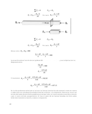 Este documento se cre€ con la versi€n gratuita de EVALUACI•N de eXpert PDF. Esta marca de agua se eliminar‚ al
comprar la licencia de la versi€n completa de eXpert PDF. Visite www.avanquest.es para obtener m‚s informaci€n

 Fx  0
 C   AC 

RA  4
AE

FAC  R A
Por tanto R A 

 Fx  0
 C   CB 

RB  3
AE

 C  AE
4

FCB  RB
Por tanto RB 

 C  AE
3

Ahora como: R A  RB  800

 C  AE  C  AE

 800
4
3
La ecuación está en función de las rigideces AE: M é t o d o d e l a R i g i d e z , y las incógnitas son los
desplazamientos

7 C AE
 800
12

C 

Y finalmente: R A 

1371.43
AE

 C  AE 1371.43  AE

 342.85
4
3 AE

RB 

 C  AE 1371.43  AE

 457.15
3
3 AE

En los dos problemas anteriores al calcular las fuerzas internas ha sido necesario tener en cuenta
si cada tramo en consideración estaba sometido a tensión o a compresión. Para evitar incurrir en
errores derivados de este hecho puede asumirse que todos los tramos estarán sometidos a tensión
y por lo tanto sufrirán alargamientos. Al final el signo de las fuerzas halladas nos dirá cuáles
están efectivamente a tensión y cuáles a compresión.

68

 