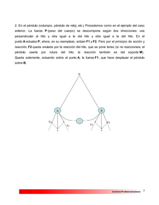 7InstitutoProfesional Iplacex
2. En el péndulo (columpio, péndulo de reloj, etc.) Procedemos como en el ejemplo del caso
anterior. La fuerza P (peso del cuerpo) se descompone según dos direcciones: una
perpendicular al hilo y otra igual a la del hilo y otra igual a la del hilo. En el
punto A actuaba P; ahora, en su reemplazo, actúan F1 y F2. Pero por el principio de acción y
reacción, F2 queda anulada por la reacción del hilo, que se pone tenso (si no reaccionara, el
péndulo caería por rotura del hilo; la reacción también es del soporte M).
Queda solamente, actuando sobre el punto A, la fuerza F1, que hace desplazar al péndulo
sobre B.
 
