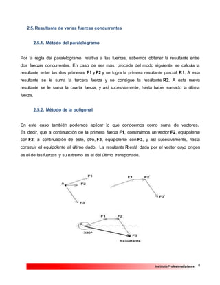 8InstitutoProfesional Iplacex
2.5. Resultante de varias fuerzas concurrentes
2.5.1. Método del paralelogramo
Por la regla del paralelogramo, relativa a las fuerzas, sabemos obtener la resultante entre
dos fuerzas concurrentes. En caso de ser más, procede del modo siguiente: se calcula la
resultante entre las dos primeras F1 y F2 y se logra la primera resultante parcial, R1. A esta
resultante se le suma la tercera fuerza y se consigue la resultante R2. A esta nueva
resultante se le suma la cuarta fuerza, y así sucesivamente, hasta haber sumado la última
fuerza.
2.5.2. Método de la poligonal
En este caso también podemos aplicar lo que conocemos como suma de vectores.
Es decir, que a continuación de la primera fuerza F1, construimos un vector F2, equipolente
con F2; a continuación de éste, otro, F3, equipolente con F3, y así sucesivamente, hasta
construir el equipolente al último dado. La resultante R está dada por el vector cuyo origen
es el de las fuerzas y su extremo es el del último transportado.
 