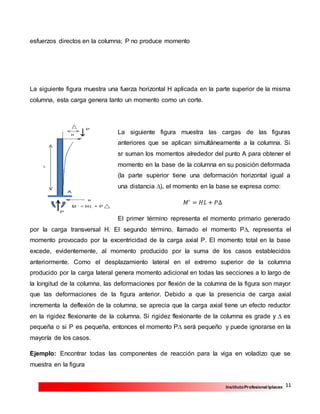 11InstitutoProfesional Iplacex
esfuerzos directos en la columna; P no produce momento
La siguiente figura muestra una fuerza horizontal H aplicada en la parte superior de la misma
columna, esta carga genera tanto un momento como un corte.
La siguiente figura muestra las cargas de las figuras
anteriores que se aplican simultáneamente a la columna. Si
sr suman los momentos alrededor del punto A para obtener el
momento en la base de la columna en su posición deformada
(la parte superior tiene una deformación horizontal igual a
una distancia ∆), el momento en la base se expresa como:
𝑀′
= 𝐻𝐿 + 𝑃∆
El primer término representa el momento primario generado
por la carga transversal H. El segundo término, llamado el momento P∆, representa el
momento provocado por la excentricidad de la carga axial P. El momento total en la base
excede, evidentemente, al momento producido por la suma de los casos establecidos
anteriormente. Como el desplazamiento lateral en el extremo superior de la columna
producido por la carga lateral genera momento adicional en todas las secciones a lo largo de
la longitud de la columna, las deformaciones por flexión de la columna de la figura son mayor
que las deformaciones de la figura anterior. Debido a que la presencia de carga axial
incrementa la deflexión de la columna, se aprecia que la carga axial tiene un efecto reductor
en la rigidez flexionante de la columna. Si rigidez flexionante de la columna es grade y ∆ es
pequeña o si P es pequeña, entonces el momento P∆ será pequeño y puede ignorarse en la
mayoría de los casos.
Ejemplo: Encontrar todas las componentes de reacción para la viga en voladizo que se
muestra en la figura
 