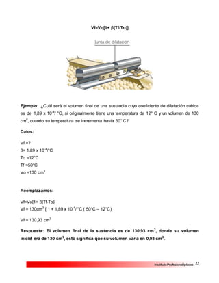 22InstitutoProfesional Iplacex
Vf=Vo[1+ β(Tf-To)]
Ejemplo: ¿Cuál será el volumen final de una sustancia cuyo coeficiente de dilatación cubica
es de 1,89 x 10-4
/ °C, si originalmente tiene una temperatura de 12° C y un volumen de 130
cm#
, cuando su temperatura se incrementa hasta 50° C?
Datos:
Vf =?
β= 1.89 x 10-4
/°C
To =12°C
Tf =50°C
Vo =130 cm3
Reemplazamos:
Vf=Vo[1+ β(Tf-To)]
Vf = 130cm3
[ 1 + 1,89 x 10-4
/ °C ( 50°C – 12°C)
Vf = 130,93 cm3
Respuesta: El volumen final de la sustancia es de 130,93 cm3
, donde su volumen
inicial era de 130 cm3
, esto significa que su volumen varia en 0,93 cm3
.
 