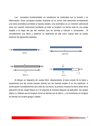3Instituto Profesional Iplacex
Los conceptos fundamentales en resistencia de materiales son la tensión y la
deformación. Esos conceptos pueden ilustrarse en su forma más elemental considerando
una barra prismática sometida a fuerzas axiales. Una prismática es un miembro estructural
recto con sección transversal constante en toda su longitud. La fuerza axial es una carga
dirigida a lo largo del eje del miembro que se somete a tracción o compresión. Si
consideramos una barra y aislamos un segmento de ella como cuerpo libre se puede
observar los siguientes aspectos:
Al dibujar un diagrama de cuerpo libre, despreciamos el peso propio de la barra y
suponemos que las únicas fuerzas activas son las fuerzas axiales P en los extremos. A
continuación consideraremos dos vista de una barra; la primera muestra la barra antes de la
aplicación de las cargar (figura b) y la segunda la muestra después de aplicadas las cargas
(figura c). Nótese que la longitud inicial se denota con la letra L, y el incremento en longitud
se denota con la letra griega  (delta).
 
