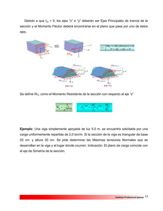 13Instituto Profesional Iplacex
Debido a que Iyz = 0, los ejes “z” e “y” deberán ser Ejes Principales de Inercia de la
sección y el Momento Flector deberá encontrarse en el plano que pasa por uno de éstos
ejes.
Se define WZ, como el Momento Resistente de la sección con respecto al eje “z”
Ejemplo: Una viga simplemente apoyada de luz 5,0 m. se encuentra solicitada por una
carga uniformemente repartida de 2,0 ton/m. Si la sección de la viga es triangular de base
20 cm. y altura 30 cm. Se pide determinar las Máximas tensiones Normales que se
desarrollan en la viga y el lugar donde ocurren. Indicación: El plano de carga coincide con
el eje de Simetría de la sección.
 