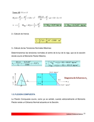 15Instituto Profesional Iplacex
2.- Calculo de Inercia
3.- Cálculo de las Tensiones Normales Máximas:
Determinaremos las tensiones normales al centro de la luz de la viga, que es la sección
donde ocurre el Momento Flector Máximo.
1.5.FLEXION COMPUESTA
La Flexión Compuesta ocurre, como ya se señaló, cuando adicionalmente al Momento
Flector existe un Esfuerzo Normal actuante en la Sección.
 