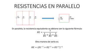 RESISTENCIAS EN PARALELO
En paralelo, la resistencia equivalente se obtiene con la siguiente fórmula:
𝑅𝐸 =
1
1
𝑅1
+
1
𝑅2
+
1
𝑅3
Otra manera de verlo es:
𝑅𝐸 = (𝑅1−1 + 𝑅2−1 + 𝑅3−1)−1