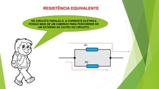 RESISTÊNCIA EQUIVALENTE
NO CIRCUITO PARALELO, A CORRENTE ELÉTRICA
POSSUI MAIS DE UM CAMINHO PARA PERCORRER DE
UM EXTREMO AO OUTRO DO CIRCUITO.
R1
R2
 