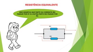 RESISTÊNCIA EQUIVALENTE
ISSO SIGNIFICA QUE PARTE DA CORRENTE IRÁ
PASSAR POR R1 E A OUTRA PARTE IRÁ PASSAR POR
R2.
R1
R2
 