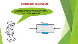 RESISTÊNCIA EQUIVALENTE
COMO EXISTE MAIS DE UMA VIA DE PASSAGEM,
PODEMOS CONCLUIR QUE A RESISTÊNCIA AO FLUXO
DE ELÉTRONS SERÁ MENOR.
R1
R2
 