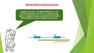 RESISTÊNCIA EQUIVALENTE
NESSE CIRCUITO, OS RESISTORES R1 E R2
ESTÃO EM SÉRIE, OU SEJA, HÁ APENAS UM
ÚNICO CAMINHO PARA A CORRENTE ELÉTRICA
PERCORRER DE UM EXTREMO AO OUTRO.
R1 R2
FLUXO DE ELÉTRONS
 