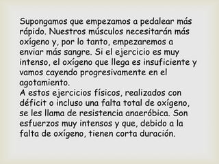 Supongamos que empezamos a pedalear más
rápido. Nuestros músculos necesitarán más
oxígeno y, por lo tanto, empezaremos a
enviar más sangre. Si el ejercicio es muy
intenso, el oxígeno que llega es insuficiente y
vamos cayendo progresivamente en el
agotamiento.
A estos ejercicios físicos, realizados con
déficit o incluso una falta total de oxígeno,
se les llama de resistencia anaeróbica. Son
esfuerzos muy intensos y que, debido a la
falta de oxígeno, tienen corta duración.
 