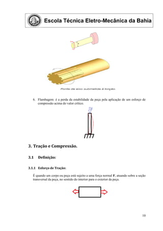 Escola Técnica Eletro-Mecânica da Bahia
10
6. Flambagem: é a perda da estabilidade da peça pela aplicação de um esforço de
compressão acima do valor crítico.
3. Tração e Compressão.
3.1 Definição:
3.1.1 Esforço de Tração:
É quando um corpo ou peça está sujeito a uma força normal F, atuando sobre a seção
transversal da peça, no sentido do interior para o exterior da peça.
 