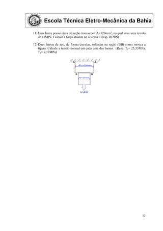 Escola Técnica Eletro-Mecânica da Bahia
13
11) Uma barra possui área de seção transversal A=120mm², na qual atua uma tensão
de 41MPa. Calcule a força atuante no sistema. (Resp. 4920N)
12) Duas barras de aço, de forma circular, soldadas na seção (BB) como mostra a
figura. Calcule a tensão normal em cada uma das barras. (Resp. T2= 25,53MPa,
T1= 9,17MPa)
 