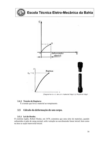 Escola Técnica Eletro-Mecânica da Bahia
16
3.4.3 Tensão de Ruptura:
É a tensão que leva o material ao rompimento.
3.5 Cálculo da deformação de um corpo.
3.5.1 Lei de Hooke.
O cientista inglês, Robert Hooke, em 1678, constatou que uma série de materiais, quando
submetidos à ação de carga normal, sofre variação na sua dimensão linear inicial, bem como
na área se seção transversal inicial.
 