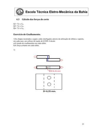 Escola Técnica Eletro-Mecânica da Bahia
23
4.3 Cálculo das forças de corte
Q1= Tc x Ac1
Q2= Tc x Ac2
Qn= Tc x Acn
Exercício de Cisalhamento.
1)As chapas mostradas a seguir, estão interligados através da utilização de rebites e suporta,
em cada caso, um esforço de tração de 6330N. Calcule:
a)A tensão de cisalhamento em cada rebite.
b)A força cortante em cada rebite.
1)
 