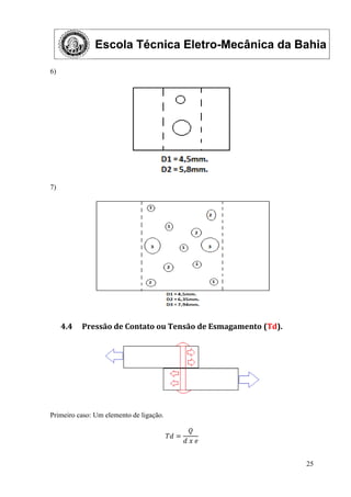 Escola Técnica Eletro-Mecânica da Bahia
25
6)
7)
4.4 Pressão de Contato ou Tensão de Esmagamento (Td).
Primeiro caso: Um elemento de ligação.
𝑇𝑑 =
𝑄
𝑑 𝑥 𝑒
 