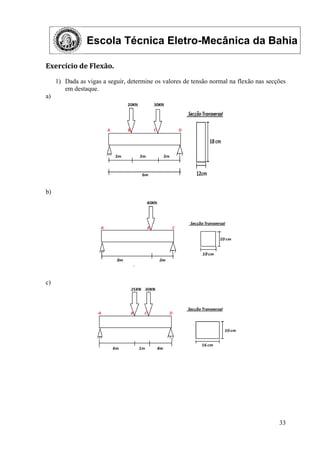 Escola Técnica Eletro-Mecânica da Bahia
33
Exercício de Flexão.
1) Dada as vigas a seguir, determine os valores de tensão normal na flexão nas secções
em destaque.
a)
b)
c)
 