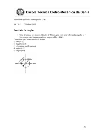 Escola Técnica Eletro-Mecânica da Bahia
36
Velocidade periférica ou tangencial (Vp).
Vp = ω r (Unidade: m/s).
Exercício de torção:
1) Uma árvore de aço possui diâmetro d=30mm, gira com uma velocidade angular ω =
20𝜋 𝑟𝑎𝑑/𝑠, movida por uma força tangencial FT = 18kN.
Determinar para o movimento da árvore:
a) rotação (n)
b) freqüência (f)
c) velocidade periférica (vp)
d) potência (P)
e) torque (Mt)
 