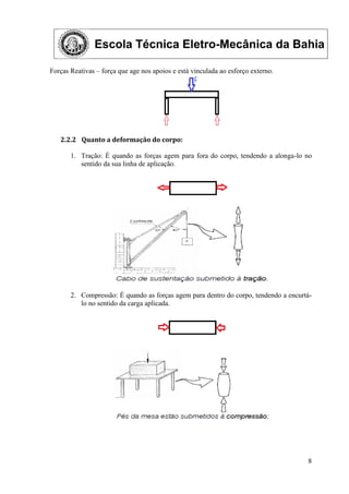 Escola Técnica Eletro-Mecânica da Bahia
8
Forças Reativas – força que age nos apoios e está vinculada ao esforço externo.
2.2.2 Quanto a deformação do corpo:
1. Tração: É quando as forças agem para fora do corpo, tendendo a alonga-lo no
sentido da sua linha de aplicação.
2. Compressão: É quando as forças agem para dentro do corpo, tendendo a encurtá-
lo no sentido da carga aplicada.
 