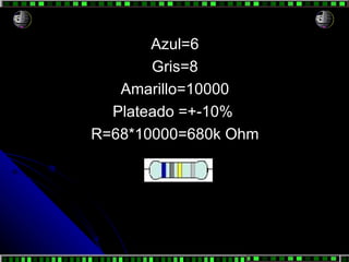 Azul=6 Gris=8 Amarillo=10000 Plateado =+-10%  R=68*10000=680k Ohm 