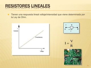 RESISTORES LINEALES
18
 Tienen una respuesta lineal voltaje/intensidad que viene determinada por
la Ley de Ohm.
R
V
I 
 