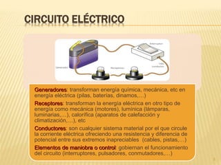 3
CIRCUITO ELÉCTRICO
Generadores: transforman energía química, mecánica, etc en
energía eléctrica (pilas, baterías, dinamos,…)
Receptores: transforman la energía eléctrica en otro tipo de
energía como mecánica (motores), lumínica (lámparas,
luminarias,…), calorífica (aparatos de calefacción y
climatización,…), etc
Conductores: son cualquier sistema material por el que circule
la corriente eléctrica ofreciendo una resistencia y diferencia de
potencial entre sus extremos inapreciables (cables, pistas,…)
Elementos de maniobra o control: gobiernan el funcionamiento
del circuito (interruptores, pulsadores, conmutadores,…)
 