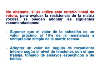 No obstante, si se utiliza este criterio lineal de
rotura, para evaluar la resistencia de la matriz
rocosa, se pueden adoptar las siguientes
recomendaciones:
- Suponer que el valor de la cohesión es un
valor próximo al 10% de la resistencia a
compresión simple de la matriz rocosa.
- Adoptar un valor del ángulo de rozamiento
interno según el nivel de tensiones con el que
trabaja, tomado de ensayos específicos o de
tablas.
 