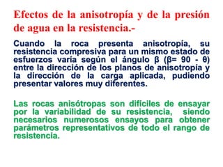 Efectos de la anisotropía y de la presión
de agua en la resistencia.-
Cuando la roca presenta anisotropía, su
resistencia compresiva para un mismo estado de
esfuerzos varía según el ángulo β (β= 90 - θ)
entre la dirección de los planos de anisotropía y
la dirección de la carga aplicada, pudiendo
presentar valores muy diferentes.
Las rocas anisótropas son difíciles de ensayar
por la variabilidad de su resistencia, siendo
necesarios numerosos ensayos para obtener
parámetros representativos de todo el rango de
resistencia.
 