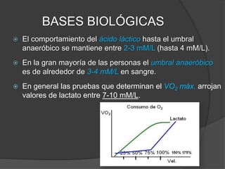 ÁREAS FUNCIONALES
La definición de áreas funcionales a diferentes niveles de
lactato nos permite:
 Determinar cargas de entrenamiento con alta especificidad.
 Optimizar la planificación y periodización de los ciclos de
trabajo de entrenamiento.
 Aumentar la eficiencia de los
procesos de recuperación.
 