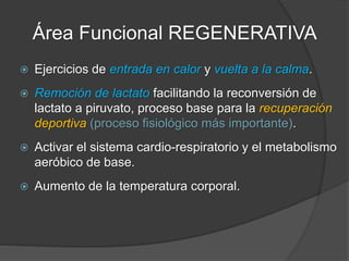 Área Funcional REGENERATIVA
Aspectos metodológicos:
 Duración: 20’-30’.
 Tipo: en general continuo estable o “fartlek”.
 Pausa: -
 Frecuencia: cada 6 hs.
 Volumen: 15-20% (Distancia total recorrida).
 Ventilación: Respiración suave.
 Nivel de lactato: 0-2 mM/L
 Combustible predominante: Grasas (>AGL) y
oxidación de ácido láctico.
 