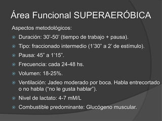 Área Funcional SUPERAERÓBICA
 Es el área más eficiente para mejorar las cualidades
aeróbicas (capacidad y potencia aeróbica).
 Estimula la producción de ácido láctico y su remoción, tanto
en el reposo/descanso como intraesfuerzo.
 Se los conoce como “pasadas” (10 x 400 m. x 1’ de
recuperación).
 Objetivo: mantener un nivel de lactato estable, dentro de
ciertos niveles.
 Esto hace que durante el estímulo se produzca lactato y
durante la pausa se fuerce la remoción.
 