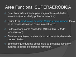 Área Funcional de
MÁXIMO CONSUMO DE OXÍGENO
 Estimula la máxima capacidad de absorción de oxígeno a
nivel mitocondrial, acelerando la velocidad enzimática del
ciclo de Krebs y de la cadena respiratoria.
 Aumenta el número y densidad mitocondrial.
 Mejora los mecanismos cardio-respiratorios centrales y
periféricos de transporte y difusión de oxígeno y CO2.
 Es un esfuerzo máximo, con mucha producción de ácido
láctico (7-12 mM/L) lo que limita la ejecución a un período
corto de tiempo.
 En síntesis: Incrementa la potencia aeróbica (VO2 máx.).
 