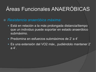 Áreas Funcionales ANAERÓBICAS
 Cuando tenemos un trabajo de base aeróbico bueno
y eficiente, recién ahí podemos empezar a progresar
en trabajos con ciertos niveles de ácido láctico.
 Niveles elevados de lactato tienen que compensarse
con una muy buena tasa y potencia de remoción del
ácido láctico.
 