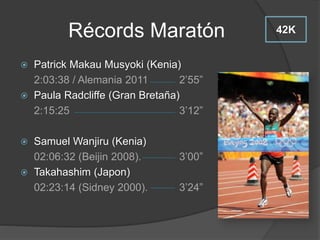 Récords 100 m.
 Usain Bolt (Jamaica)
9:58 (Berlín 2009)
 Florence Griffith Joyner (EEUU)
10:49 (Indianápolis 1988)
 Usain Bolt (Jamaica)
9:63 (Londres 2012)
 Florence Griffith Joyner (EEUU)
10:62 (Seúl 1988)
 