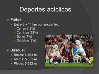 Entrenamiento Básquet
 Carrera continua 40’.
Luego:
 3 x 1000 m (80% FC máx) x 5’ de recuperación.
 4 x 600 m (80% FC máx) x 4’ de recuperación.
 5 x 400 m (90% FC máx) x 3’ de recuperación.
 2 x 6 cuestas (120 m) recuperando sólo el tiempo que
se tarde en bajarlas.
 