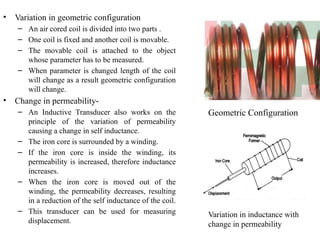 • Variation in geometric configuration
– An air cored coil is divided into two parts .
– One coil is fixed and another coil is movable.
– The movable coil is attached to the object
whose parameter has to be measured.
– When parameter is changed length of the coil
will change as a result geometric configuration
will change.
• Change in permeability-
– An Inductive Transducer also works on the
principle of the variation of permeability
causing a change in self inductance.
– The iron core is surrounded by a winding.
– If the iron core is inside the winding, its
permeability is increased, therefore inductance
increases.
– When the iron core is moved out of the
winding, the permeability decreases, resulting
in a reduction of the self inductance of the coil.
– This transducer can be used for measuring
displacement.
Geometric Configuration
Variation in inductance with
change in permeability
 