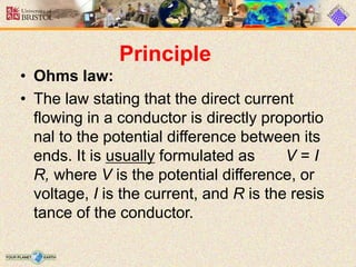 Principle
• Ohms law:
• The law stating that the direct current
flowing in a conductor is directly proportio
nal to the potential difference between its
ends. It is usually formulated as V = I
R, where V is the potential difference, or
voltage, I is the current, and R is the resis
tance of the conductor.
 