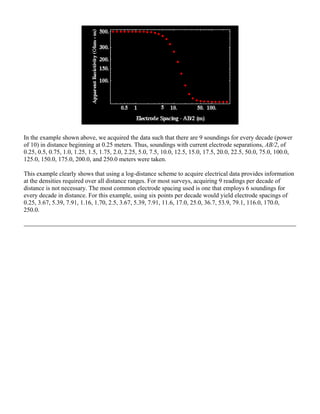 In the example shown above, we acquired the data such that there are 9 soundings for every decade (power
of 10) in distance beginning at 0.25 meters. Thus, soundings with current electrode separations, AB/2, of
0.25, 0.5, 0.75, 1.0, 1.25, 1.5, 1.75, 2.0, 2.25, 5.0, 7.5, 10.0, 12.5, 15.0, 17.5, 20.0, 22.5, 50.0, 75.0, 100.0,
125.0, 150.0, 175.0, 200.0, and 250.0 meters were taken.
This example clearly shows that using a log-distance scheme to acquire electrical data provides information
at the densities required over all distance ranges. For most surveys, acquiring 9 readings per decade of
distance is not necessary. The most common electrode spacing used is one that employs 6 soundings for
every decade in distance. For this example, using six points per decade would yield electrode spacings of
0.25, 3.67, 5.39, 7.91, 1.16, 1.70, 2.5, 3.67, 5.39, 7.91, 11.6, 17.0, 25.0, 36.7, 53.9, 79.1, 116.0, 170.0,
250.0.
 