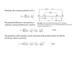 Similarly, the resultant potential at D is
The potential difference measured by a
voltmeter connected between C and D is
All quantities in this equation can be measured at the ground surface except the
resistivity, which is given by
 