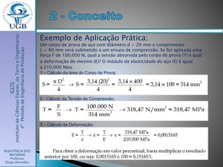 ICETE
InstitutodeCiênciasExatas,daTerraeEngenharias
4ºPeríododeEngenhariadeProdução
RESISTÊNCIA DOS
MATERIAIS
Professor
Diego Dornellas
Exemplo de Aplicação Prática:
Um corpo de prova de aço com diâmetro d = 20 mm e comprimento
L = 60 mm será submetido a um ensaio de compressão. Se for aplicada uma
força F de 100.000 N, qual a tensão absorvida pelo corpo de prova (T) e qual
a deformação do mesmo (ɛ)? O módulo de elasticidade do aço (E) é igual
a 210.000 Mpa.
1 – Cálculo da área do Corpo de Prova;
2 - Cálculo da Tensão de Compressão:
3 – Cálculo da Deformação:
 