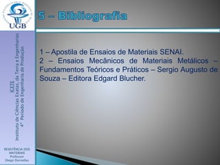 ICETE
InstitutodeCiênciasExatas,daTerraeEngenharias
4ºPeríododeEngenhariadeProdução
RESISTÊNCIA DOS
MATERIAIS
Professor
Diego Dornellas
1 – Apostila de Ensaios de Materiais SENAI.
2 – Ensaios Mecânicos de Materiais Metálicos –
Fundamentos Teóricos e Práticos – Sergio Augusto de
Souza – Editora Edgard Blucher.
 