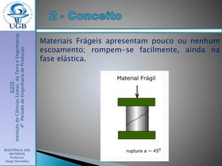 ICETE
InstitutodeCiênciasExatas,daTerraeEngenharias
4ºPeríododeEngenhariadeProdução
RESISTÊNCIA DOS
MATERIAIS
Professor
Diego Dornellas
Materiais Frágeis apresentam pouco ou nenhum
escoamento; rompem-se facilmente, ainda na
fase elástica.
 