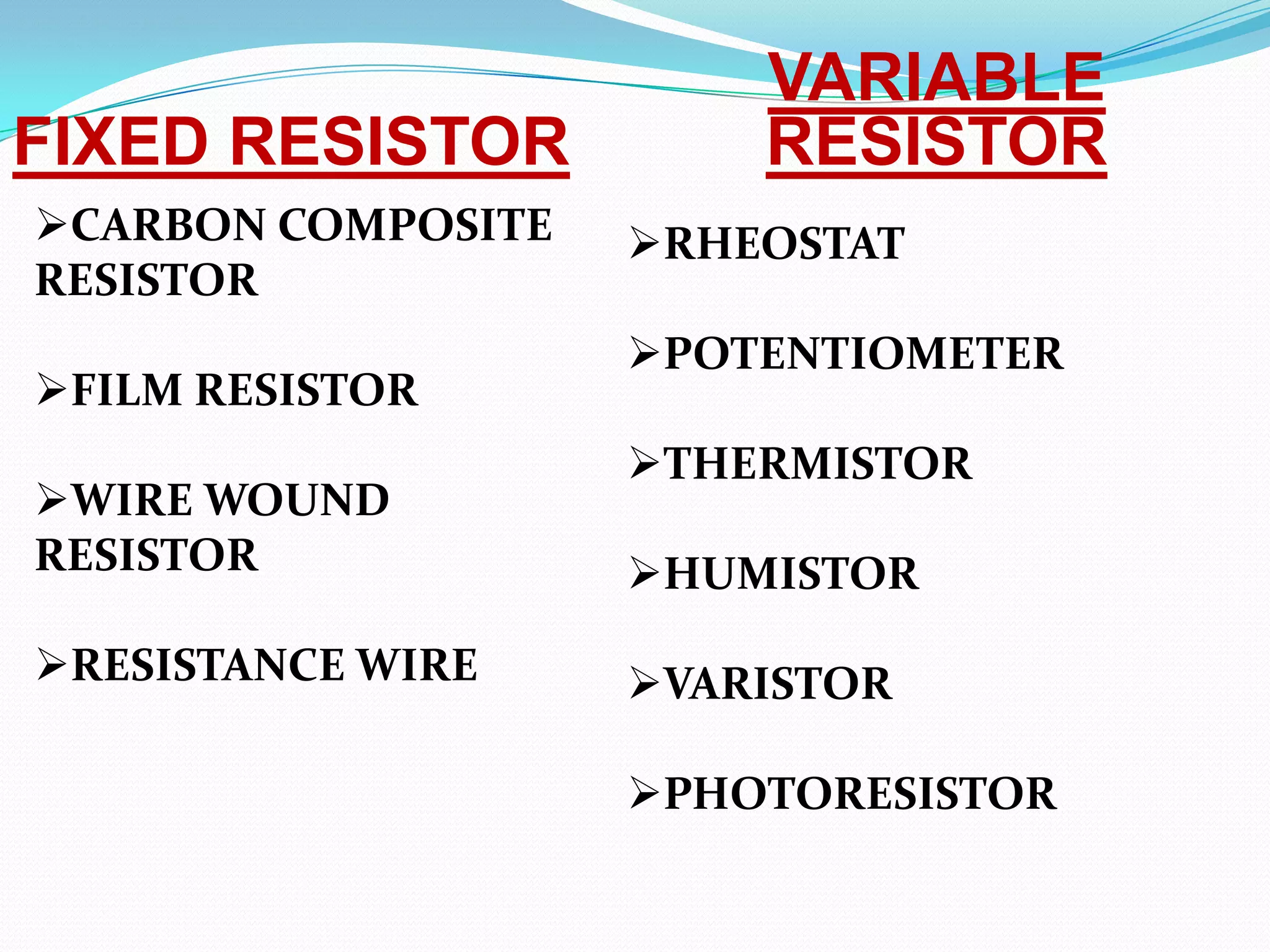 FIXED RESISTOR
CARBON COMPOSITE
RESISTOR
FILM RESISTOR
WIRE WOUND
RESISTOR

RESISTANCE WIRE

VARIABLE
RESISTOR
RHEOSTAT
POTENTIOMETER
THERMISTOR
HUMISTOR
VARISTOR
PHOTORESISTOR

 
