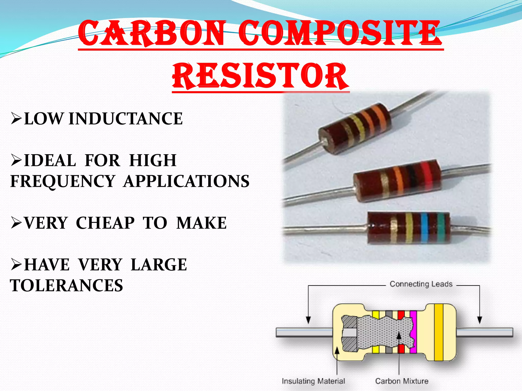 CARBON COMPOSITE
RESISTOR
LOW INDUCTANCE
IDEAL FOR HIGH
FREQUENCY APPLICATIONS
VERY CHEAP TO MAKE
HAVE VERY LARGE
TOLERANCES

 
