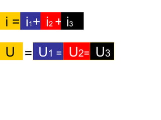 i = i1+ i2 + i3
U = U1 = U2= U3
 