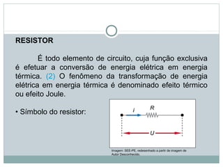 RESISTOR
 
É todo elemento de circuito, cuja função exclusiva
é efetuar a conversão de energia elétrica em energia
térmica. (2) O fenômeno da transformação de energia
elétrica em energia térmica é denominado efeito térmico
ou efeito Joule.
• Símbolo do resistor:
FÍSICA, 3ª Série do Ensino Médio
Associação de Resistores
Imagem: SEE-PE, redesenhado a partir de imagem de
Autor Desconhecido.
 