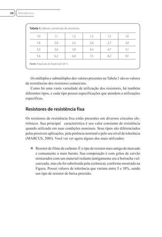 Fonte: Adaptada de Boylestad (2011).
1,0 1,1 1,2 1,3 1,5 1,6
1,8 2,0 2,2 2,4 2,7 3,0
3,3 3,6 3,9 4,3 4,7 5,1
5,6 6,2 6,8 7,5 8,2 9,1
Tabela 1. Valores comerciais de resistores.
Os múltiplos e submúltiplos dos valores presentes na Tabela 1 são os valores
de resistências dos resistores comerciais.
Como há uma vasta variedade de utilização dos resistores, há também
diferentes tipos, e cada tipo possui especificações que atendem a utilizações
específicas.
Resistores de resistência fixa
Os resistores de resistência ﬁxa estão presentes em diversos circuitos ele-
trônicos. Sua principal característica é seu valor constante de resistência
quando utilizado em suas condições nominais. Seus tipos são diferenciados
pelas possíveis aplicações, pela potência nominal e pelo seu nível de tolerância
(MARCUS, 2001). Você vai ver agora alguns dos mais utilizados:
 Resistor de filme de carbono: É o tipo de resistor mais antigo do mercado
e comumente o mais barato. Sua composição é com grãos de carvão
misturados com um material isolante (antigamente era a borracha vul-
canizada, mas ela foi substituída pela cerâmica), conforme mostrado na
Figura. Possui valores de tolerância que variam entre 5 e 10%, sendo
um tipo de resistor de baixa precisão.
Eletrotécnica
68
Eletrotecnica_U01_C05.indd 68
Eletrotecnica_U01_C05.indd 68 06/03/2017 15:18:49
06/03/2017 15:18:49
 
