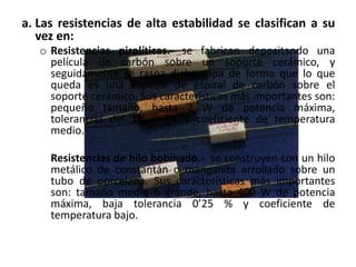 a. Las resistencias de alta estabilidad se clasifican a su
vez en:
o Resistencias pirolíticas.- se fabrican depositando una
película de carbón sobre un soporte cerámico, y
seguidamente se raspa dicha capa de forma que lo que
queda es una especie de espiral de carbón sobre el
soporte cerámico. Sus características más importantes son:
pequeño tamaño, hasta 2 W de potencia máxima,
tolerancias del 1% y 2% y coeficiente de temperatura
medio.
o
Resistencias de hilo bobinado.- se construyen con un hilo
metálico de constantán o manganita arrollado sobre un
tubo de porcelana. Sus características más importantes
son: tamaño medio o grande, hasta 400 W de potencia
máxima, baja tolerancia 0’25 % y coeficiente de
temperatura bajo.
 