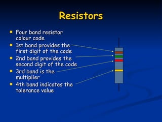 Resistors Four band resistor colour code 1st band provides the first digit of the code 2nd band provides the second digit of the code 3rd band is the multiplier 4th band indicates the tolerance value